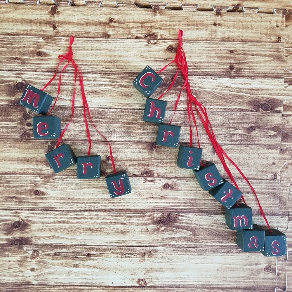 Vintage Handmade Wooden Christmas Block Ornament Garland Rustic Cottagecore